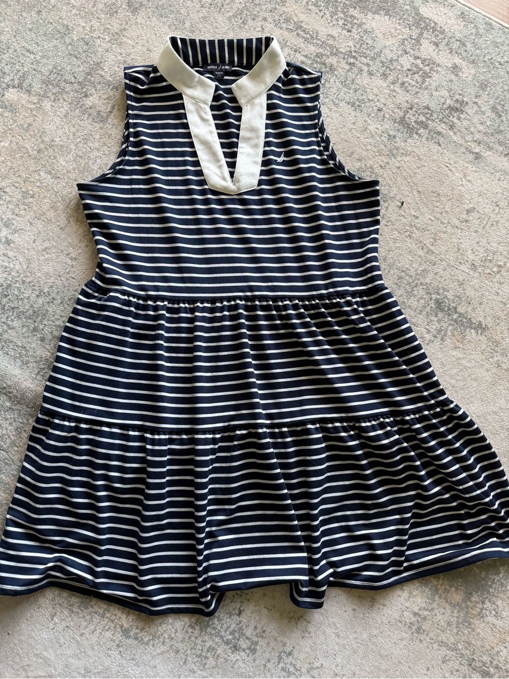 Nautica Jeans Navy and White Preppy Sleeveless Striped Polo Dress, Size XL
